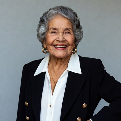 Elderly woman smiling in blazer