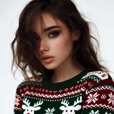 Woman in green reindeer Christmas sweater