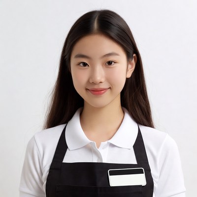 Asian woman in white shirt black apron