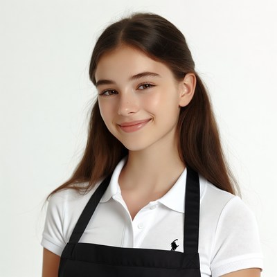 Teen girl smiling in white polo apron