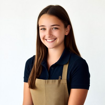 Smiling girl in navy polo and apron