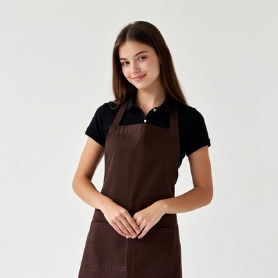 Young woman wearing brown apron