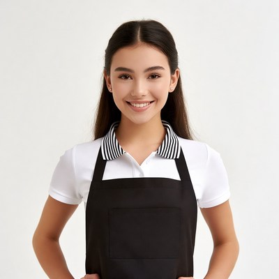 Asian girl in white shirt black apron