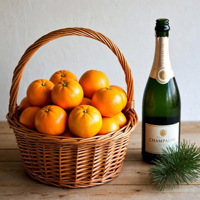 Basket of Oranges with Champagne Bottle