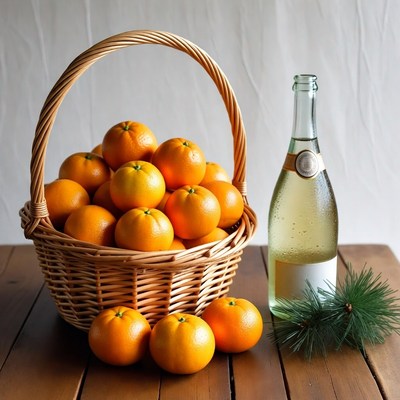 Basket of Oranges with Champagne Bottle