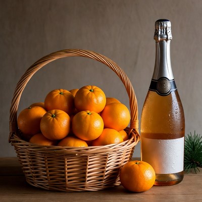Basket of Oranges with Champagne Bottle