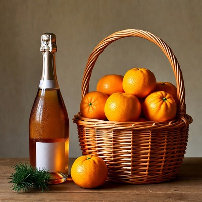 Champagne Bottle and Oranges in Basket