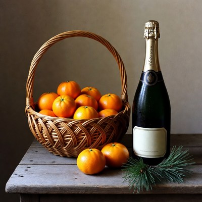 Basket of Oranges with Champagne Bottle