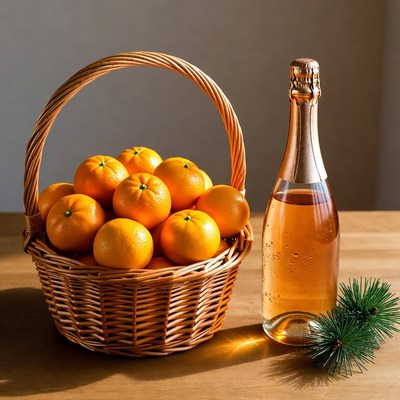 Basket of Oranges with Champagne Bottle