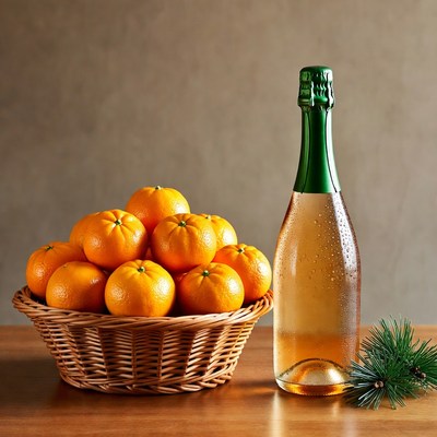Basket of Oranges with Champagne Bottle