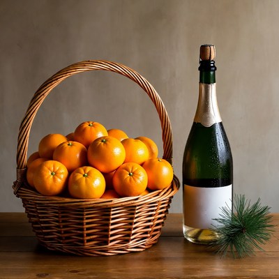 Basket of Oranges with Champagne Bottle