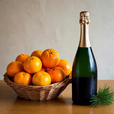 Basket of Oranges with Champagne Bottle