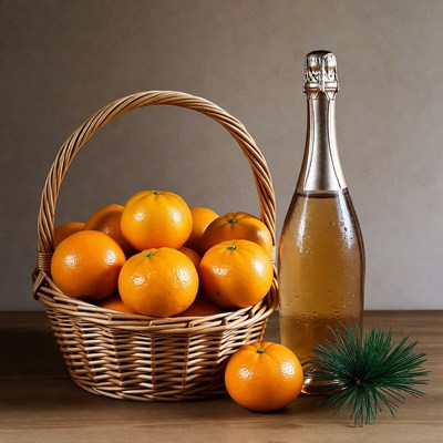 Basket of Oranges with Champagne Bottle