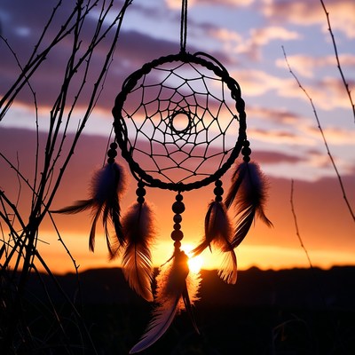 Dreamcatcher with feathers at sunset