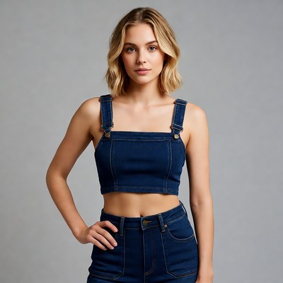 Blonde woman in denim overall crop top