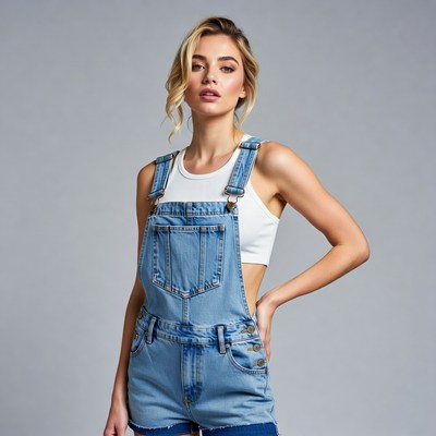 Woman in blue denim overalls