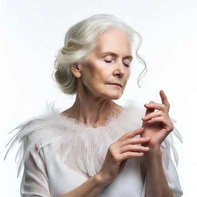 Elderly woman with white feathers