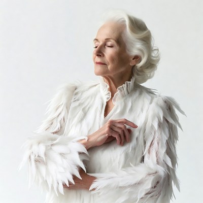 Elderly woman in white feathered jacket
