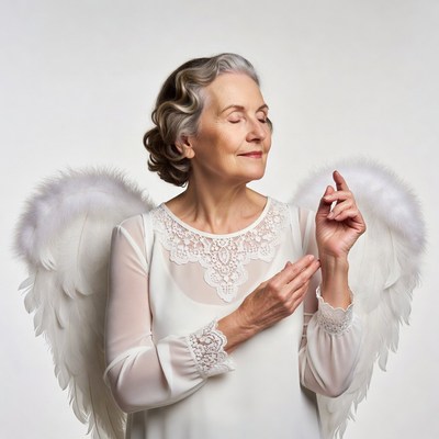 Elderly woman with angel wings