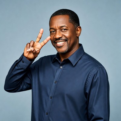 African-American man making peace sign