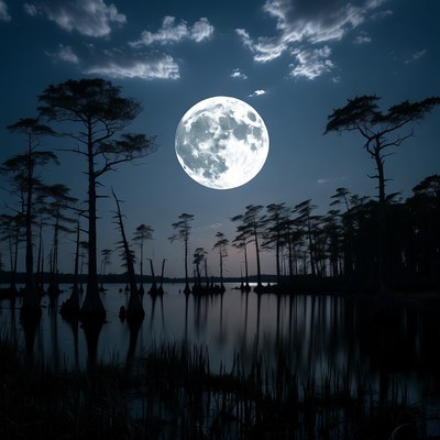 Full Moon Over Swamp Trees