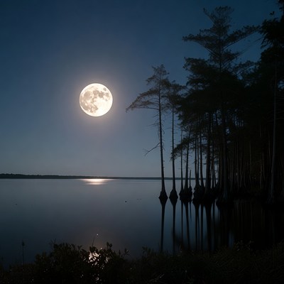 Full Moon Over Cypress Trees Lake