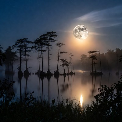 Full Moon Over Swamp Trees