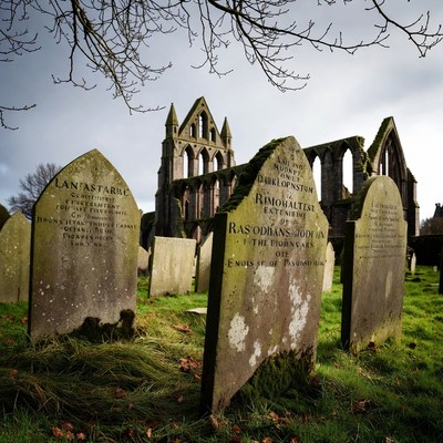 Ruins of Whitby Abbey with gravestones