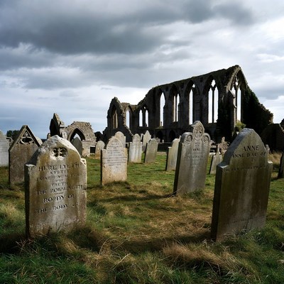 Ruined Gothic Abbey Surrounded by Gravestones