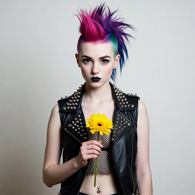 Woman with pink mohawk holding daisy