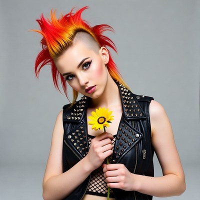Punk woman with mohawk holding sunflower
