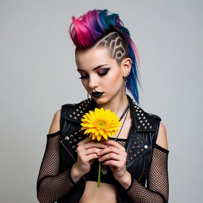 Woman with colorful mohawk holding yellow daisy