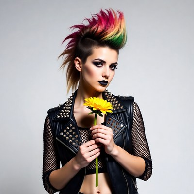 Woman with colorful mohawk holding daisy