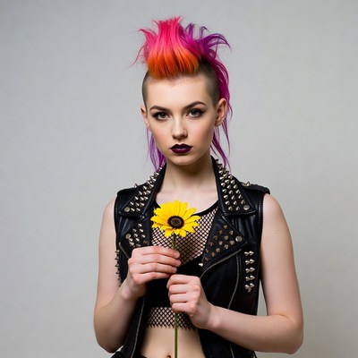 Punk girl with pink mohawk holding sunflower