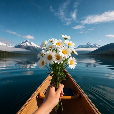 Hand holding daisies in canoe on lake