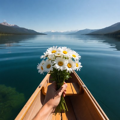 Hand holding daisies in canoe on lake