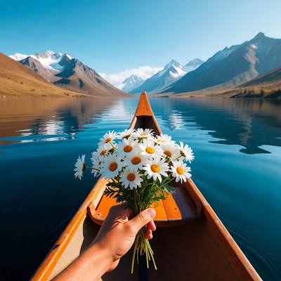 Hand holding daisies in canoe on mountain lake