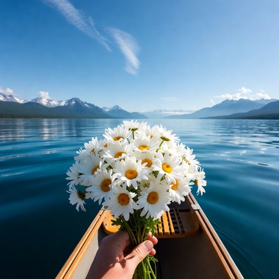 Hand holding daisies in canoe on lake