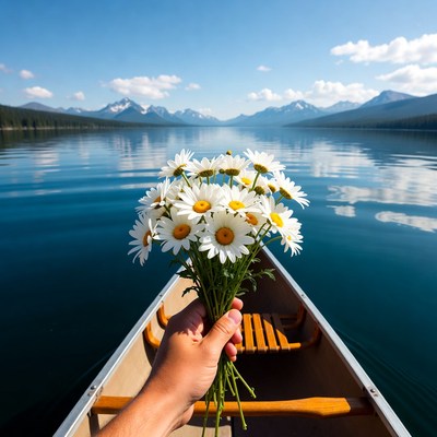 Hand holding daisies in canoe on lake