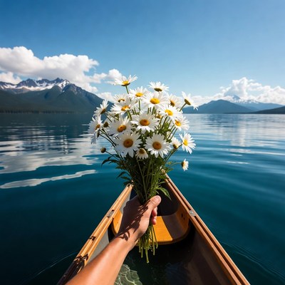 Hand holding daisies in canoe on lake