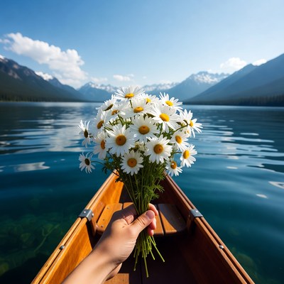 Hand holding daisies in canoe on lake