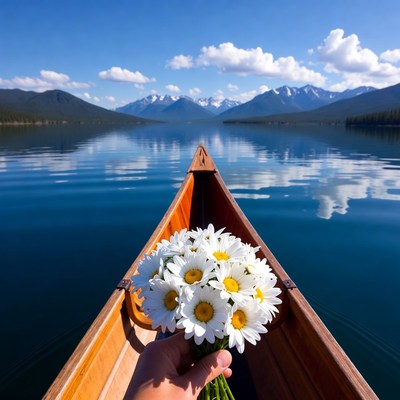 Hand holding daisies in canoe on lake