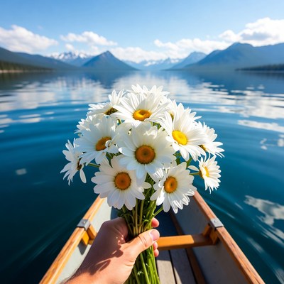 Hand holding daisies in canoe on lake
