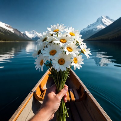 Hand holding daisies in canoe on lake