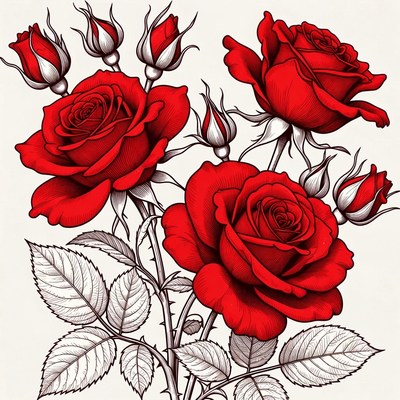 Red Roses with Buds Illustration