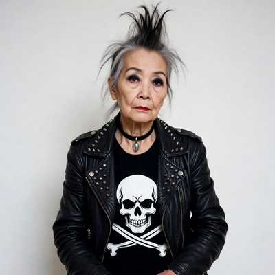 Elderly Asian woman in punk mohawk