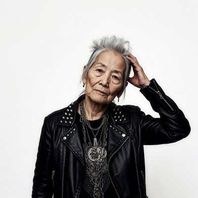 Elderly Asian woman in studded leather jacket