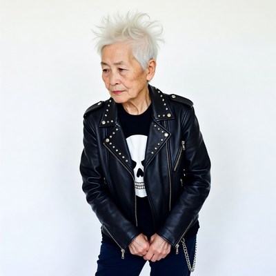 Elderly Asian woman in studded leather jacket