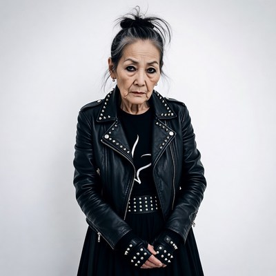 Asian woman in studded leather jacket