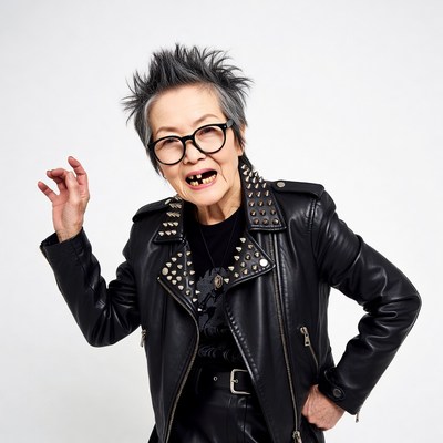 Elderly Asian woman in studded leather jacket